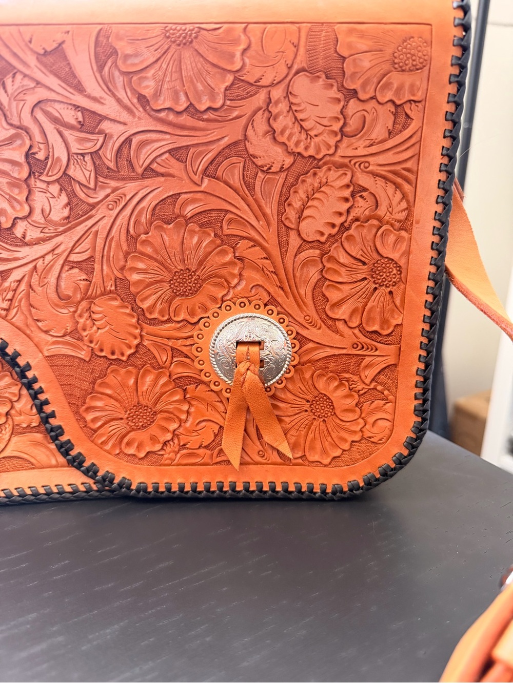Nic + Maude Hand-Tooled Floral Tan Leather Crossbody Bag with Concho Accent - Picture 3 of 7